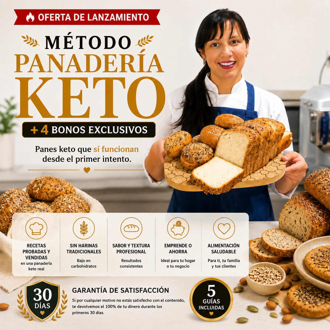 Método Panadería Keto + 4 Bonos Exclusivos. Panes keto que sí funcionan desde el primer intento.